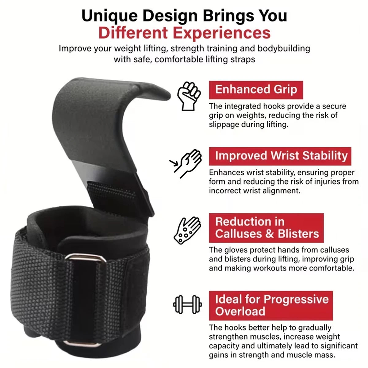 Weight Lifting Hooks with Padded Neoprene Wrist Straps - Adjustable for Weightlifting & Pull-Up Bars